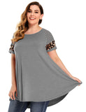LARACE Leopard Print Tunics Color Block Long Tee Shirt-8064.