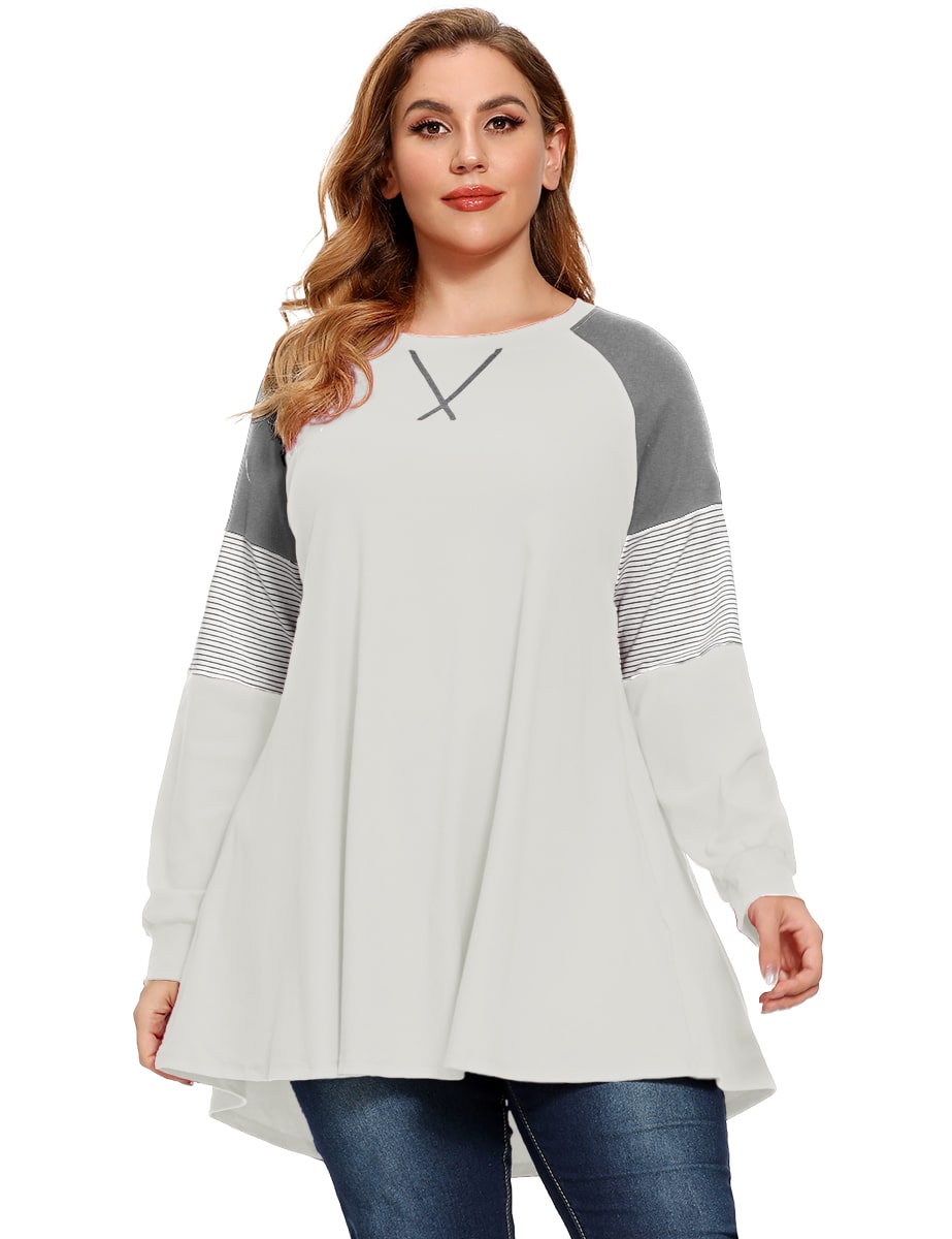 Plus Size Color Block Long Sleeve Tunic Striped Raglan Pullover - LARACE 8087.