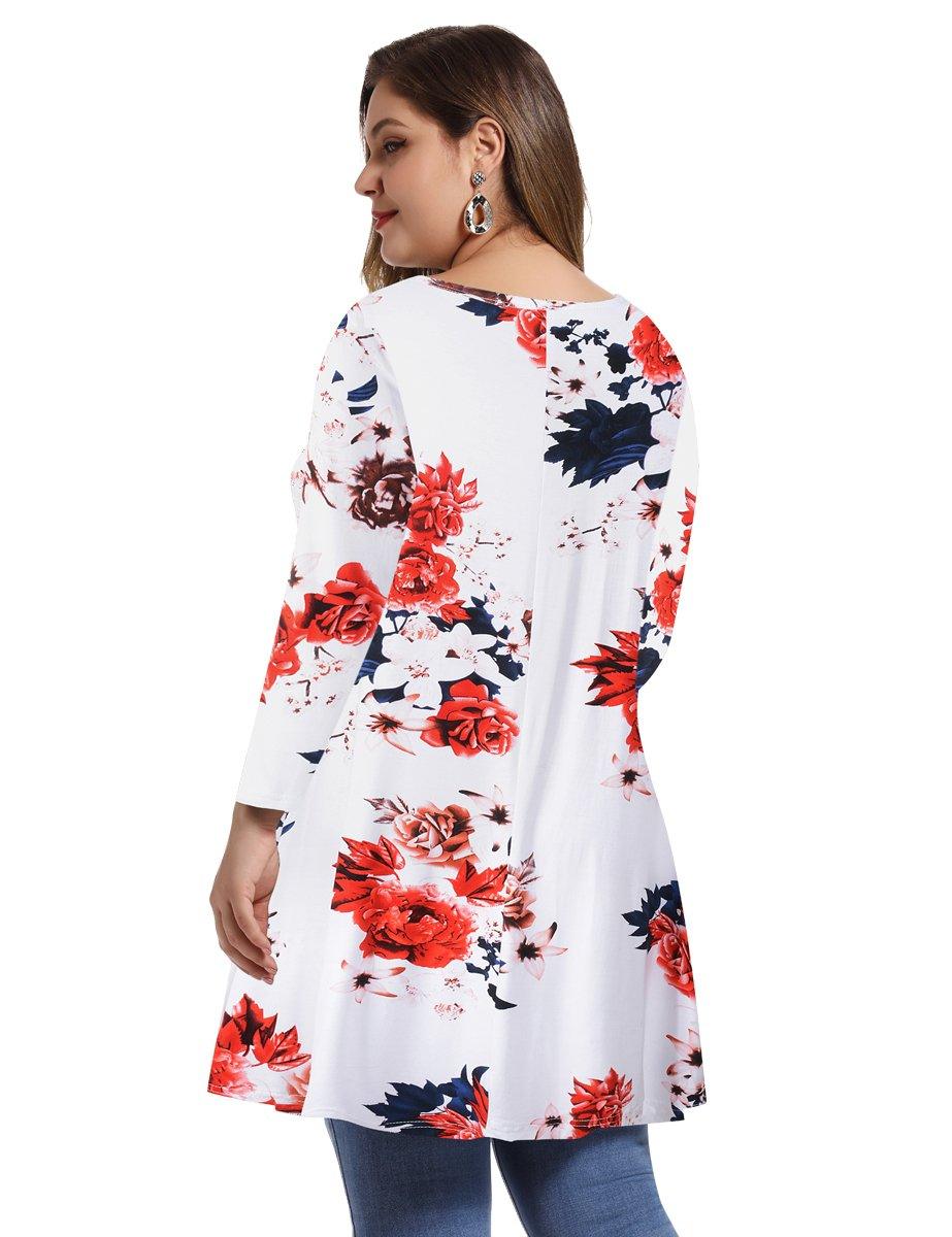 Women's Plus Size Tops floral printed 3/4 Sleeve Loose Fit Flare Swing Tunic -LARACE 8052.