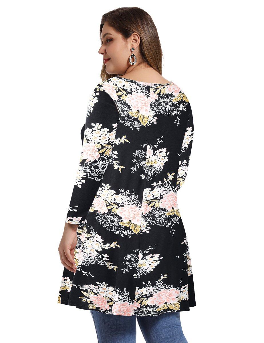 Women's Plus Size Tops floral printed 3/4 Sleeve Loose Fit Flare Swing Tunic -LARACE 8052.