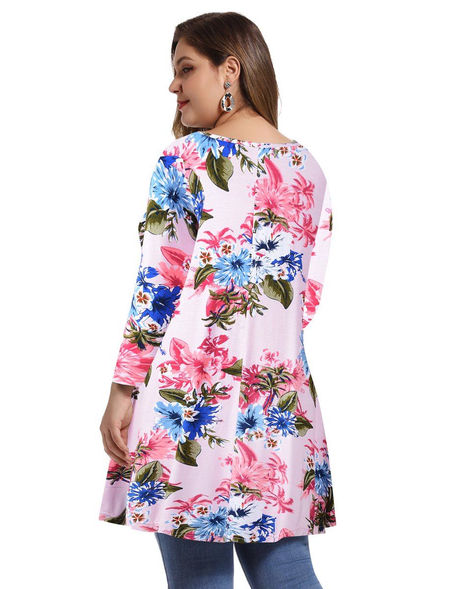 Women's Plus Size Tops floral printed 3/4 Sleeve Loose Fit Flare Swing Tunic -LARACE 8052.