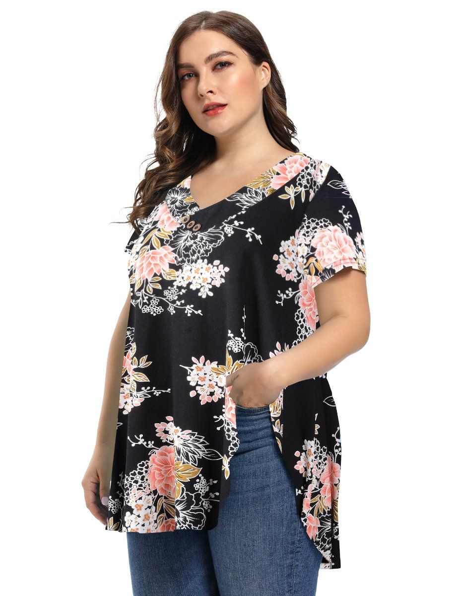 Women's Plus Size Tunic Short Sleeve V Neck Blouses Basic Shirt-LARACE 8054.