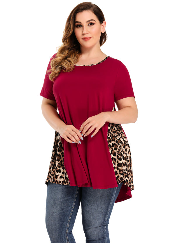 LARACE Color Block Leopard Print Tops for Women Plus Size Short Sleeve