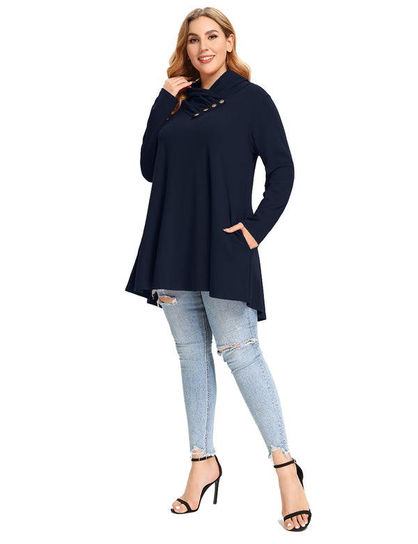 Cowl Neck Sweatshirts Plus Size Tops with Pockets Long Sleeve Tunic Casual Pullover-LARACE 8098.