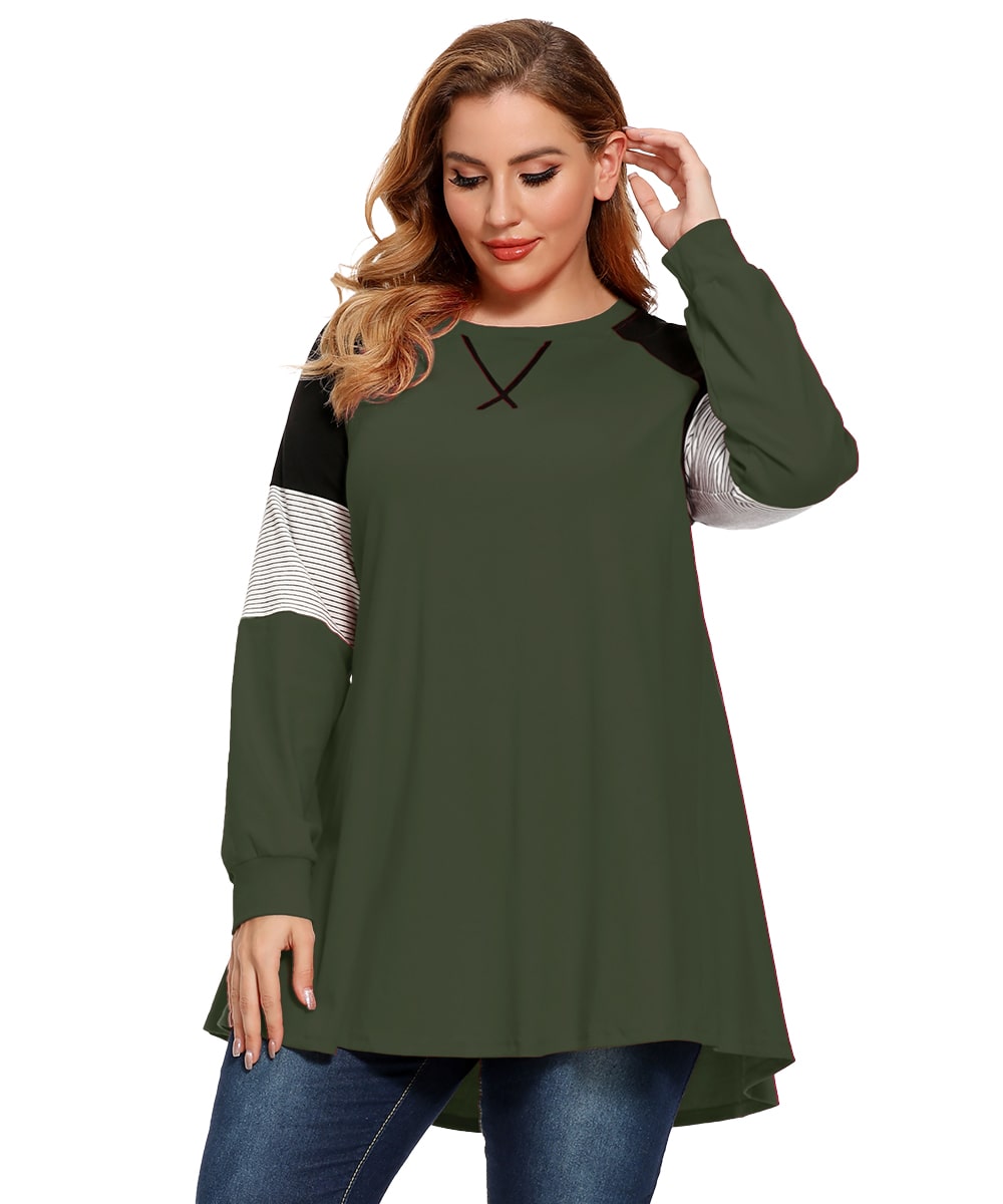 Plus Size Color Block Long Sleeve Tunic Striped Raglan Pullover - LARACE 8087.