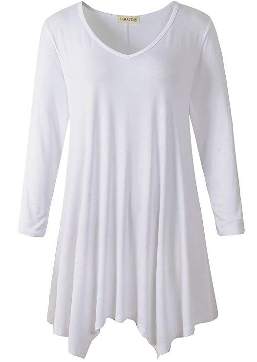 V-Neck Plain Swing Tunic Top Casual Long-sleeved T-shirt-LARACE  8035.