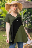 LARACE Color Block V-Neck Flattering Asymmetrical Hemline Long Shirt-8067.