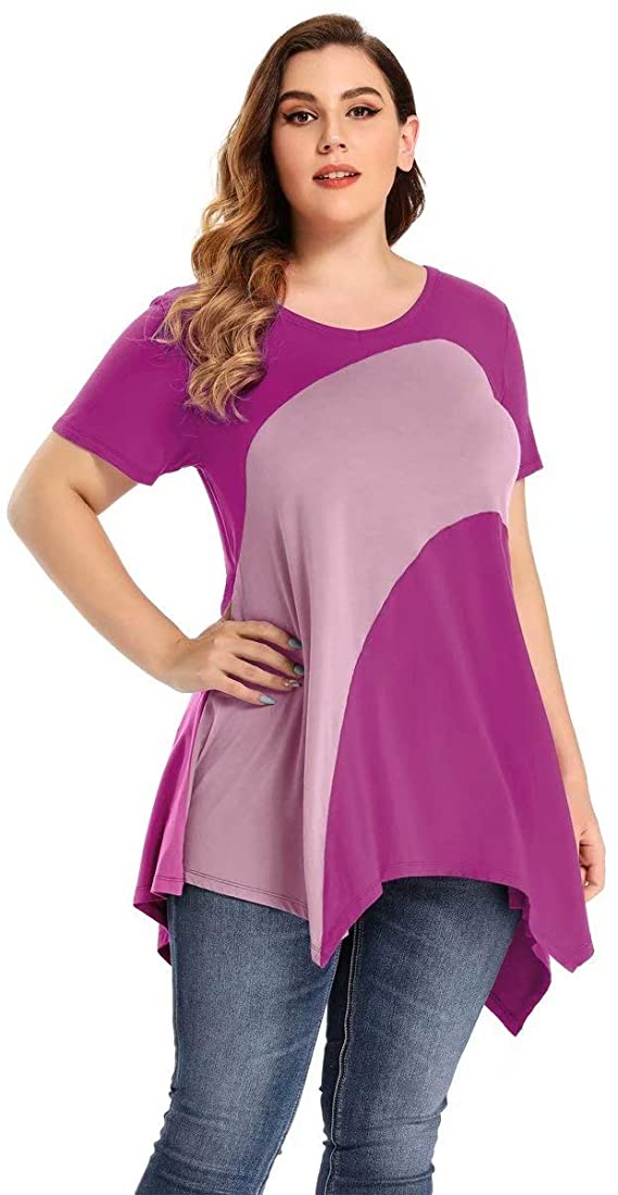 LARACE Color Block V-Neck Flattering Asymmetrical Hemline Long Shirt 6XL-8067.