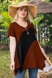 LARACE Color Block V-Neck Flattering Asymmetrical Hemline Long Shirt-8067.