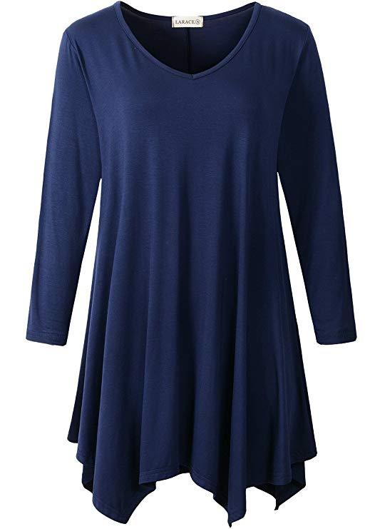 V-Neck Plain Swing Tunic Top Casual Long-sleeved T-shirt-LARACE  8035.