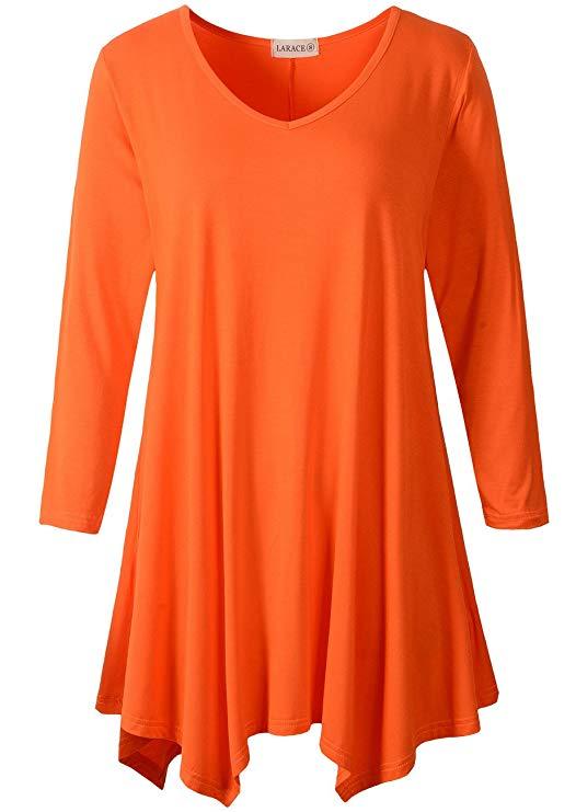 V-Neck Plain Swing Tunic Top Casual Long-sleeved T-shirt-LARACE  8035.