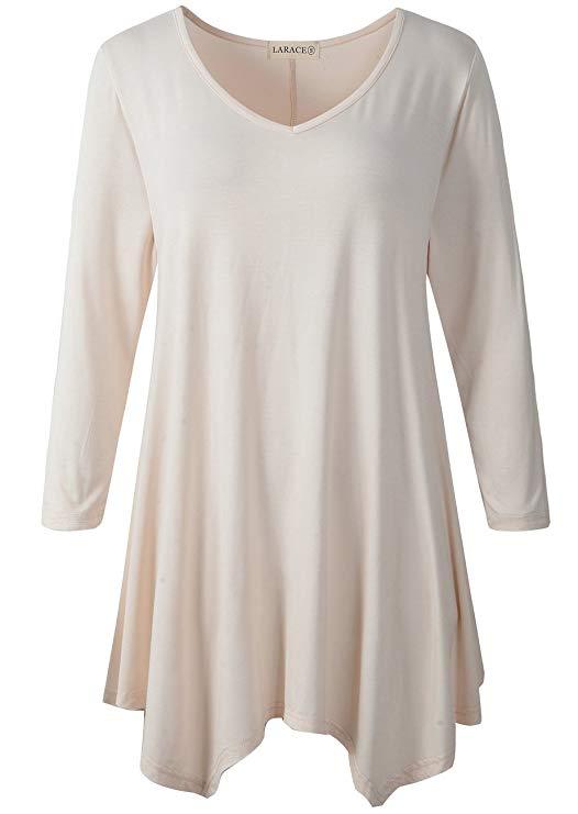 V-Neck Plain Swing Tunic Top Casual Long-sleeved T-shirt-LARACE  8035.