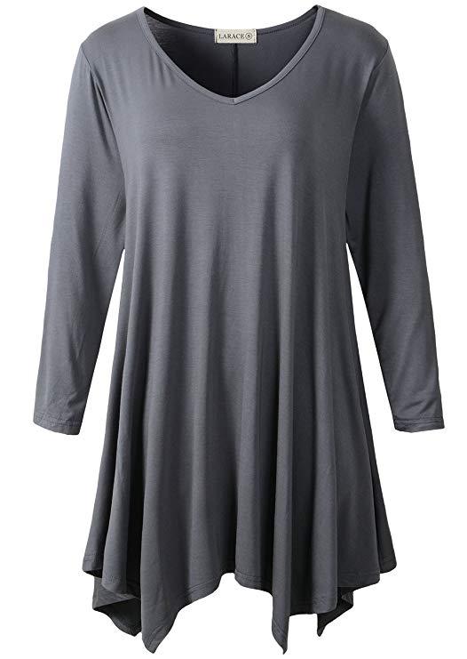 V-Neck Plain Swing Tunic Top Casual Long-sleeved T-shirt-LARACE  8035.