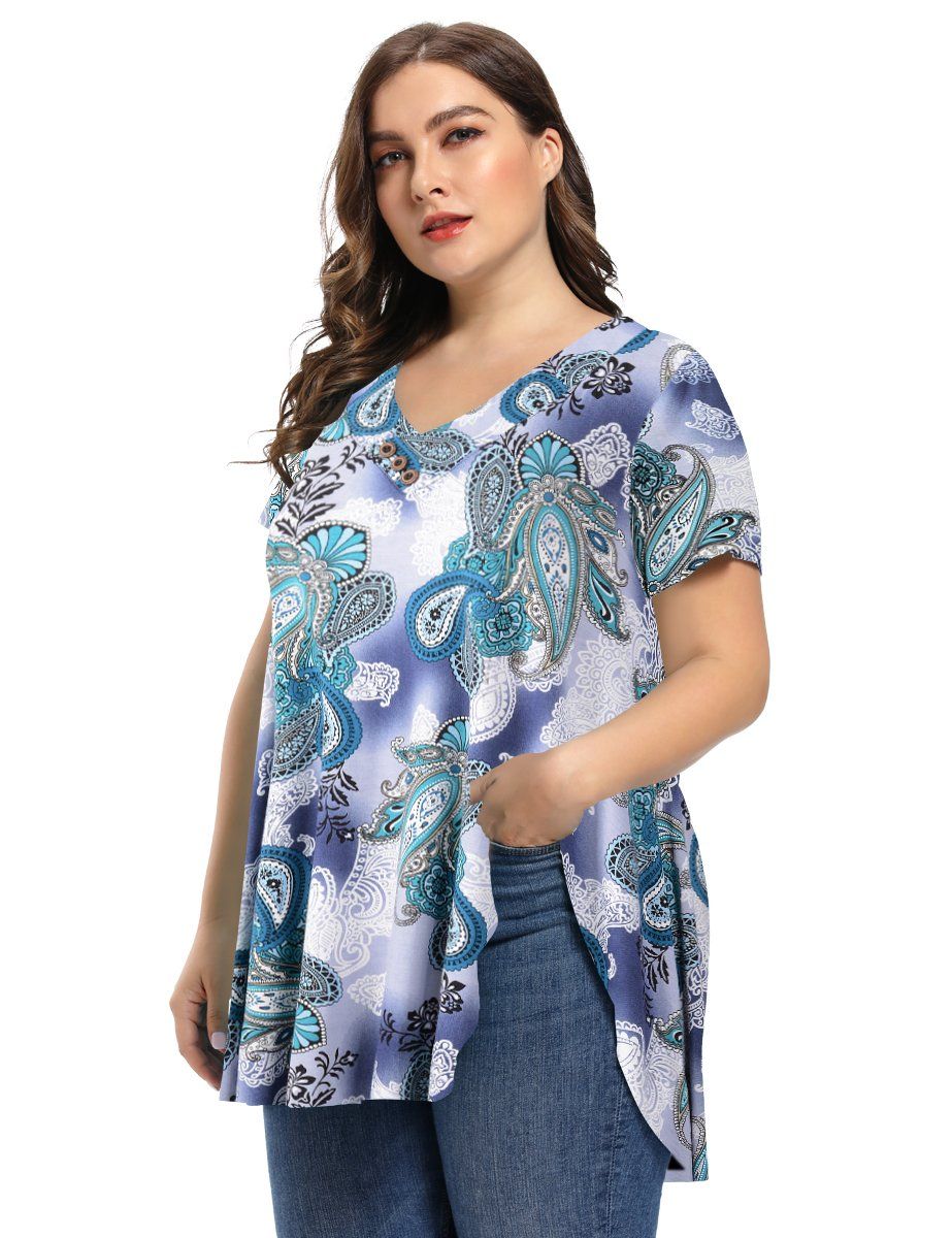 Women's Plus Size Tunic Short Sleeve V Neck Blouses Basic Shirt-LARACE 8054.