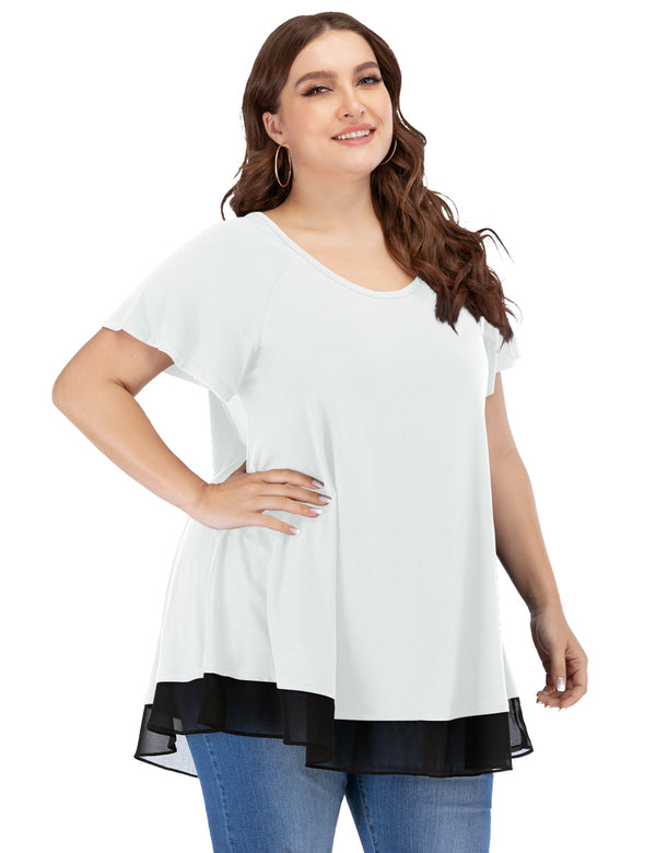 FAFWYP Womens Summer Tops, Plus Size Women Casual Tunic Solid T-shirt  Zipper Rolled Sleeves with Snap Buttons Loose Chiffon Blouse, Gift for Her  