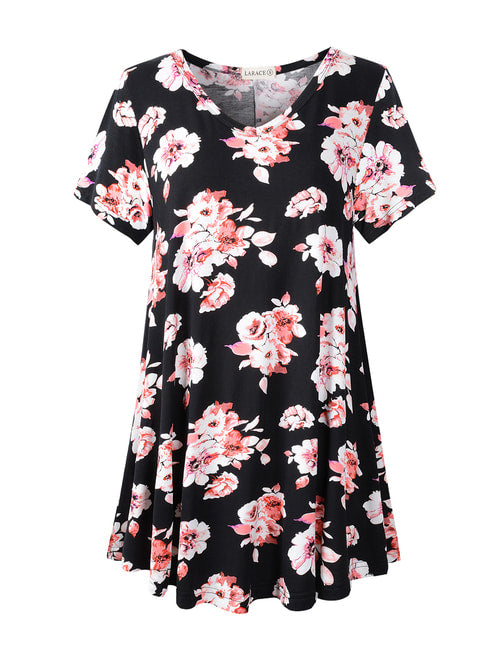 Women V Neck Loose Fit Flowy Short Sleeve Plus Size Casual Tops - LARACE 8059.