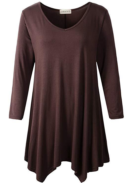 V-Neck Plain Swing Tunic Top Casual Long-sleeved T-shirt-LARACE  8035.