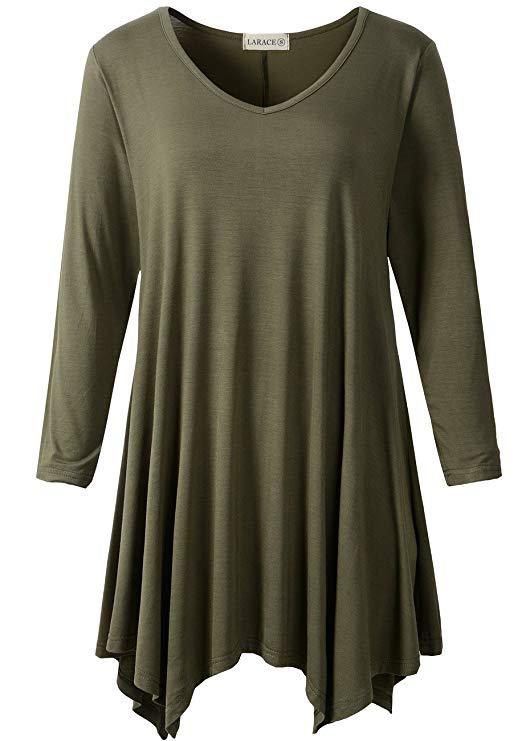 V-Neck Plain Swing Tunic Top Casual Long-sleeved T-shirt-LARACE 8035