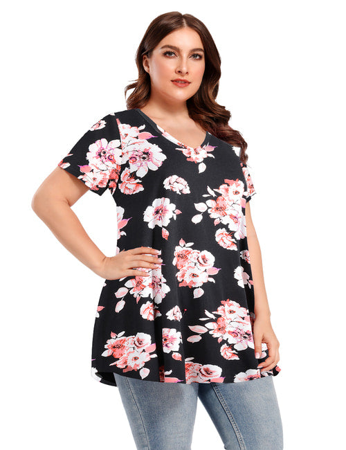 Women V Neck Loose Fit Flowy Short Sleeve Plus Size Casual Tops - LARACE 8059.