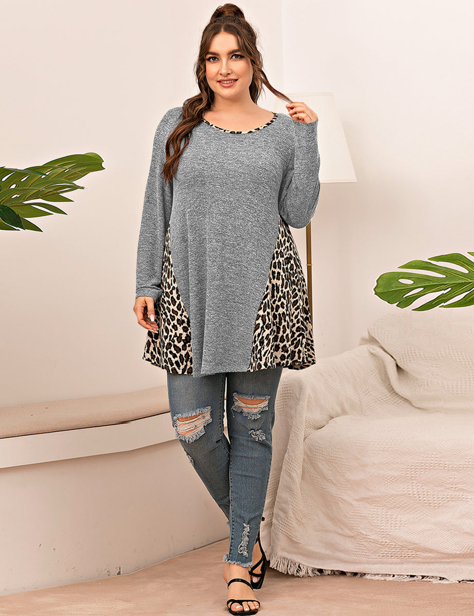 LARACE Plus Leopard Long Sleeve Flowy Shirt Loose Sweater-8084.