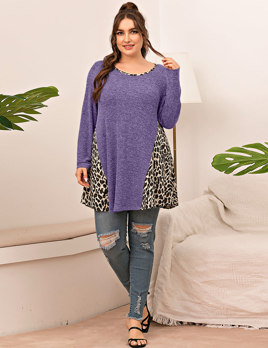 LARACE Plus Leopard Long Sleeve Flowy Shirt Loose Sweater-8084.