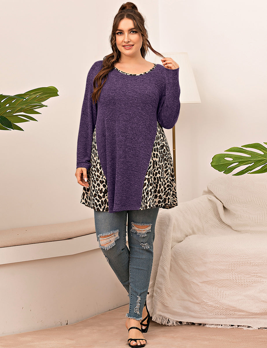 LARACE Plus Leopard Long Sleeve Flowy Shirt Loose Sweater-8084.