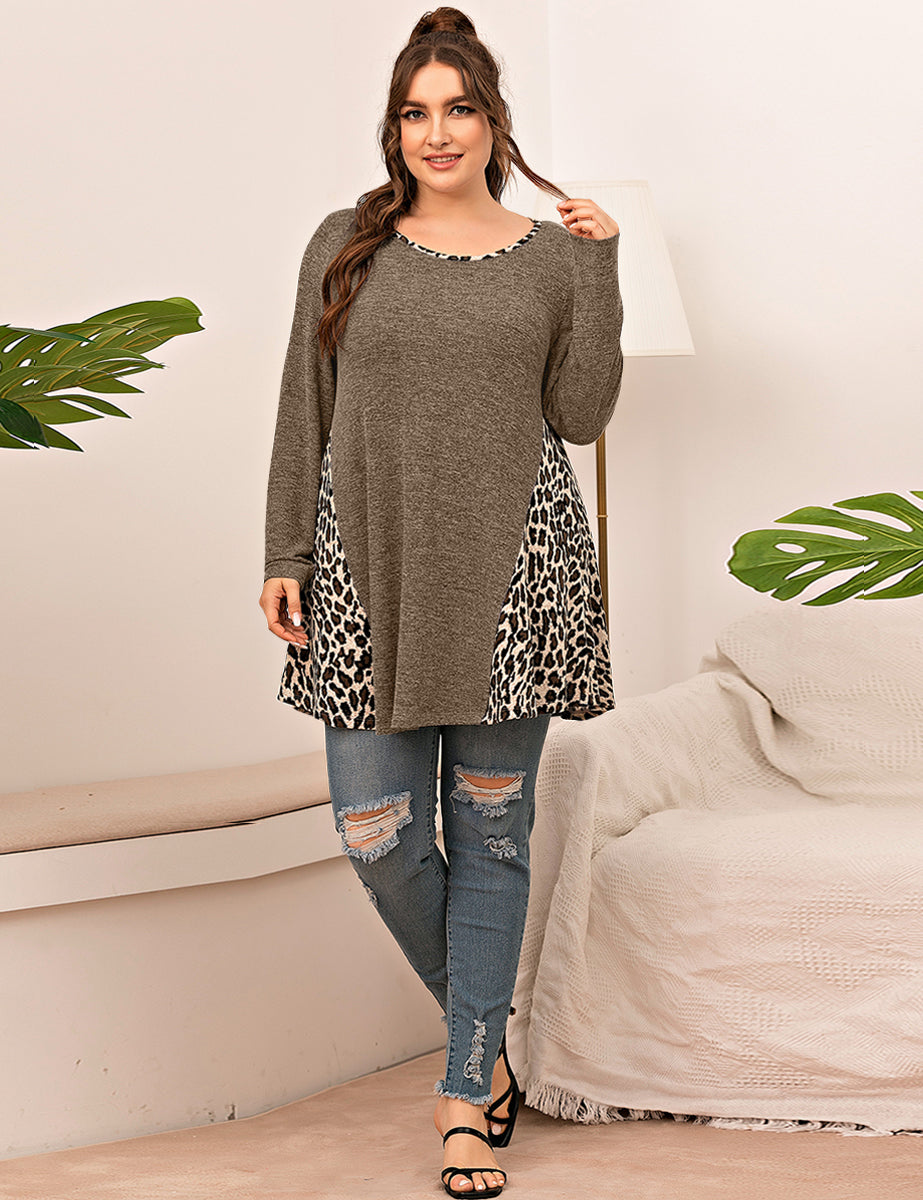 LARACE Plus Leopard Long Sleeve Flowy Shirt Loose Sweater-8084.