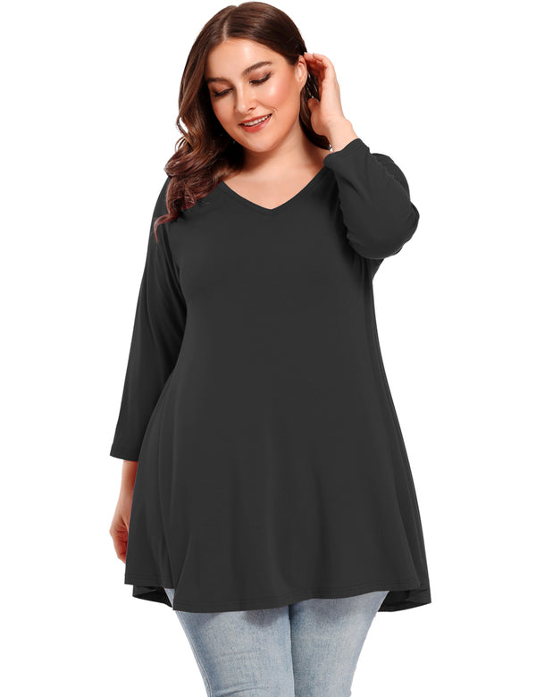 V Neck Loose Flowy Long Sleeve Tunics Tops Plus Size for Women - L