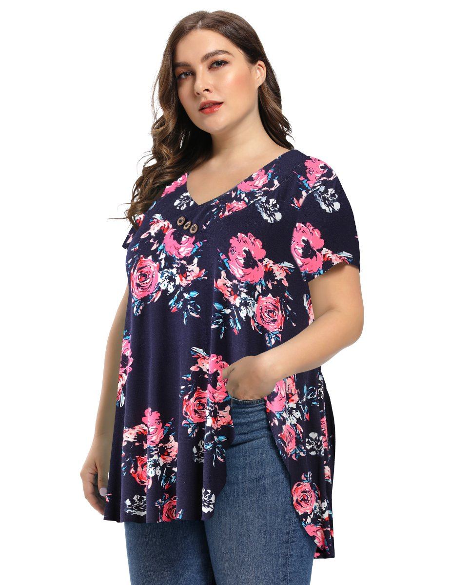 Women's Plus Size Tunic Short Sleeve V Neck Blouses Basic Shirt-LARACE 8054.