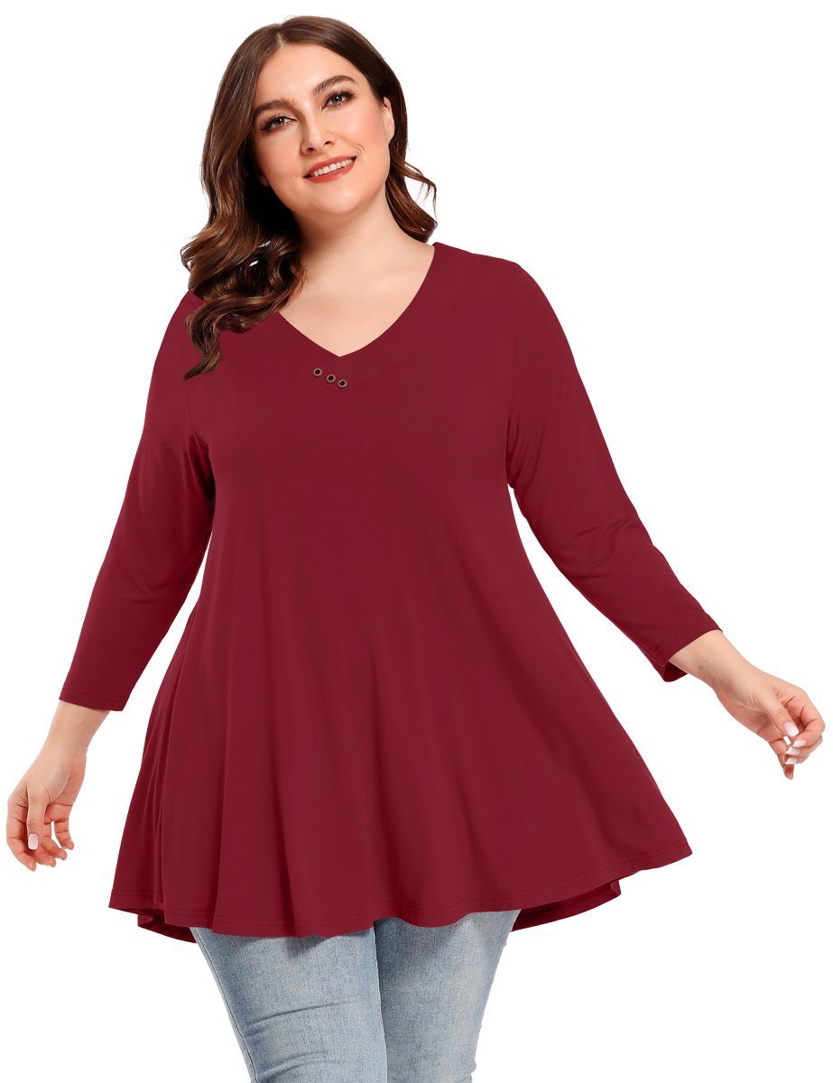 Women's Plus Size  V Neck Blouses 3/4 Sleeve Basic T Shirt-LARACE 8058.