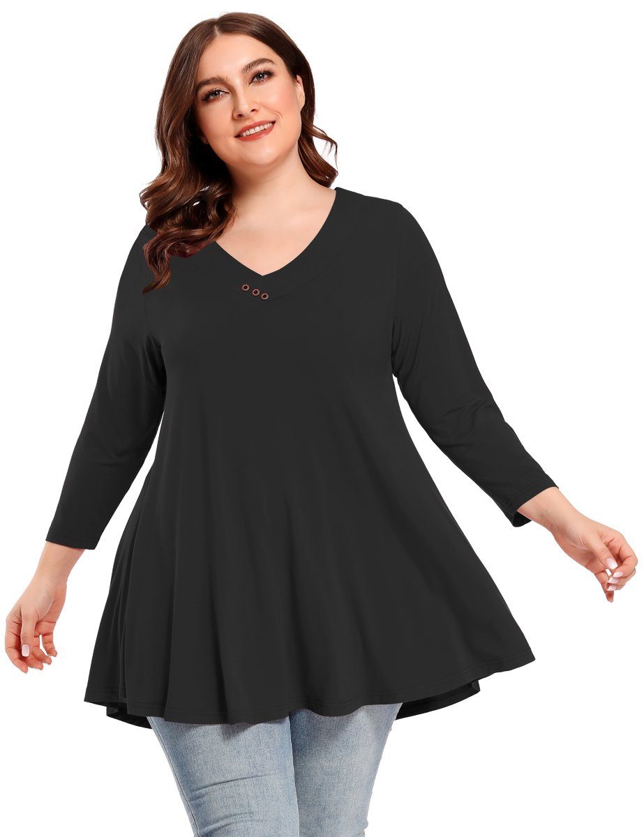 Women's Plus Size  V Neck Blouses 3/4 Sleeve Basic T Shirt-LARACE 8058.