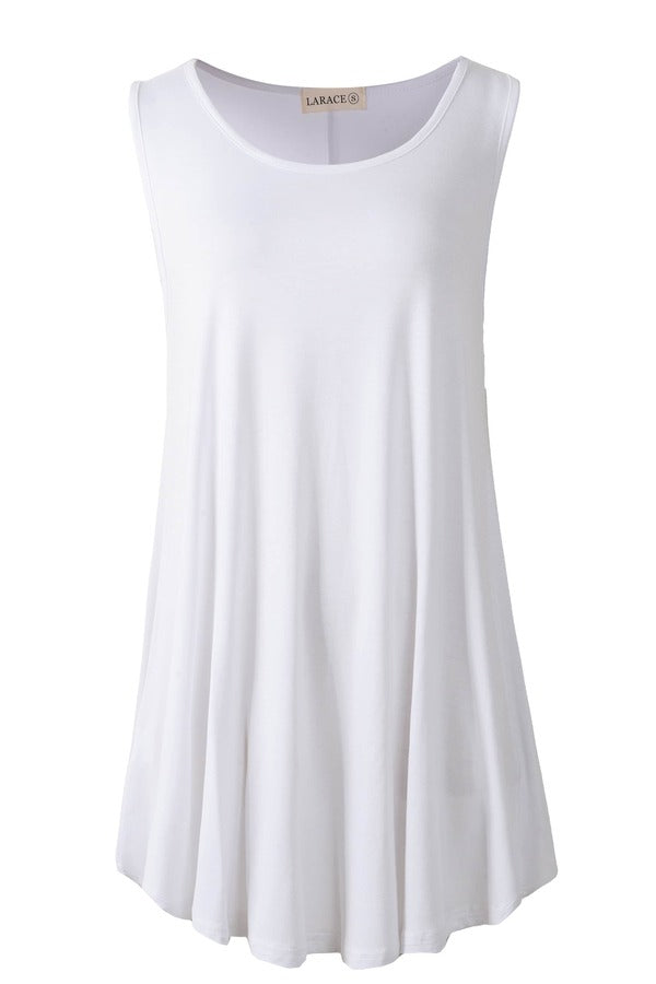 Crew Neck Swing Flare Solid Sleeveless Tank Top - LARACE 8032.