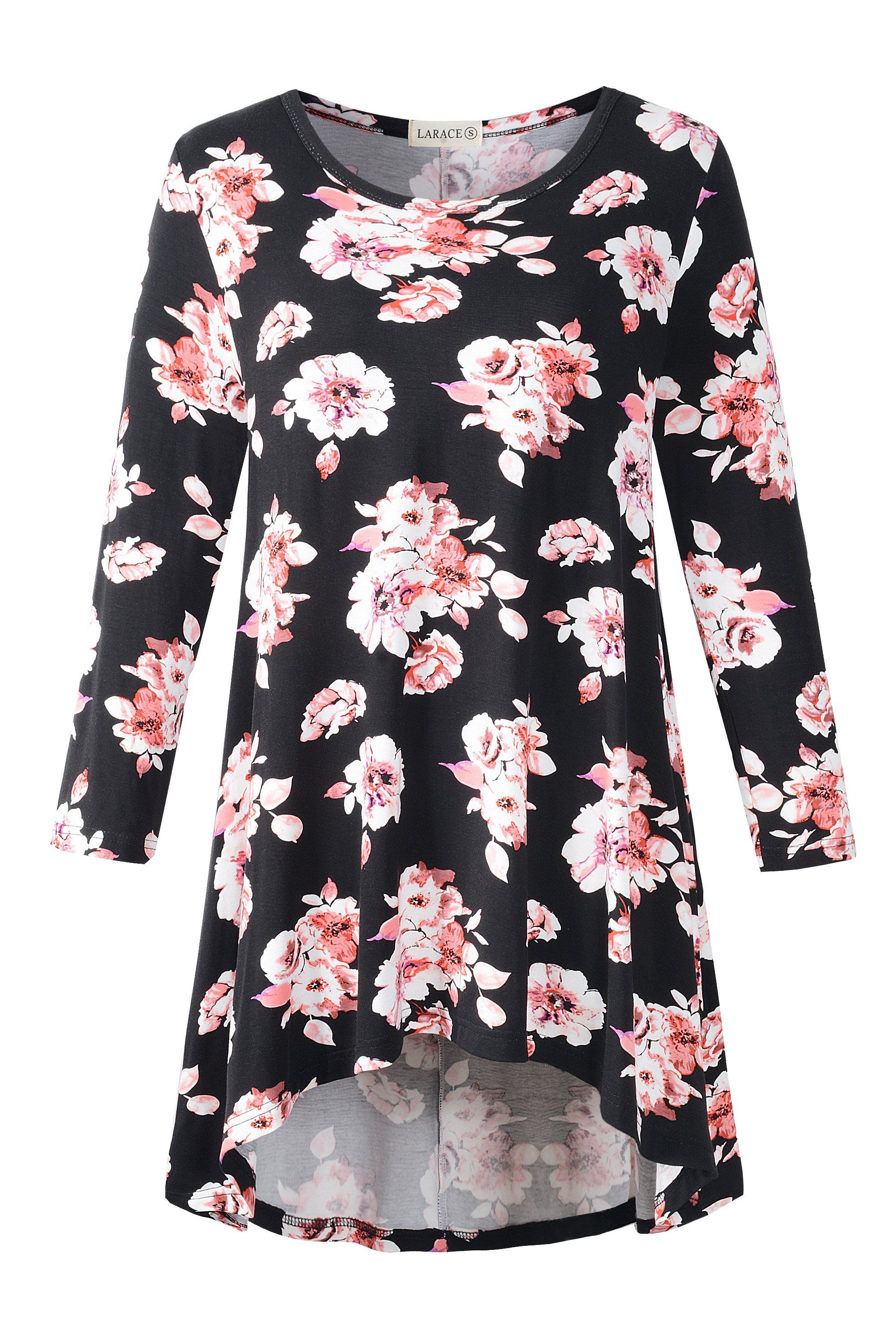 Women's Plus Size Tops floral printed 3/4 Sleeve Loose Fit Flare Swing Tunic -LARACE 8052.