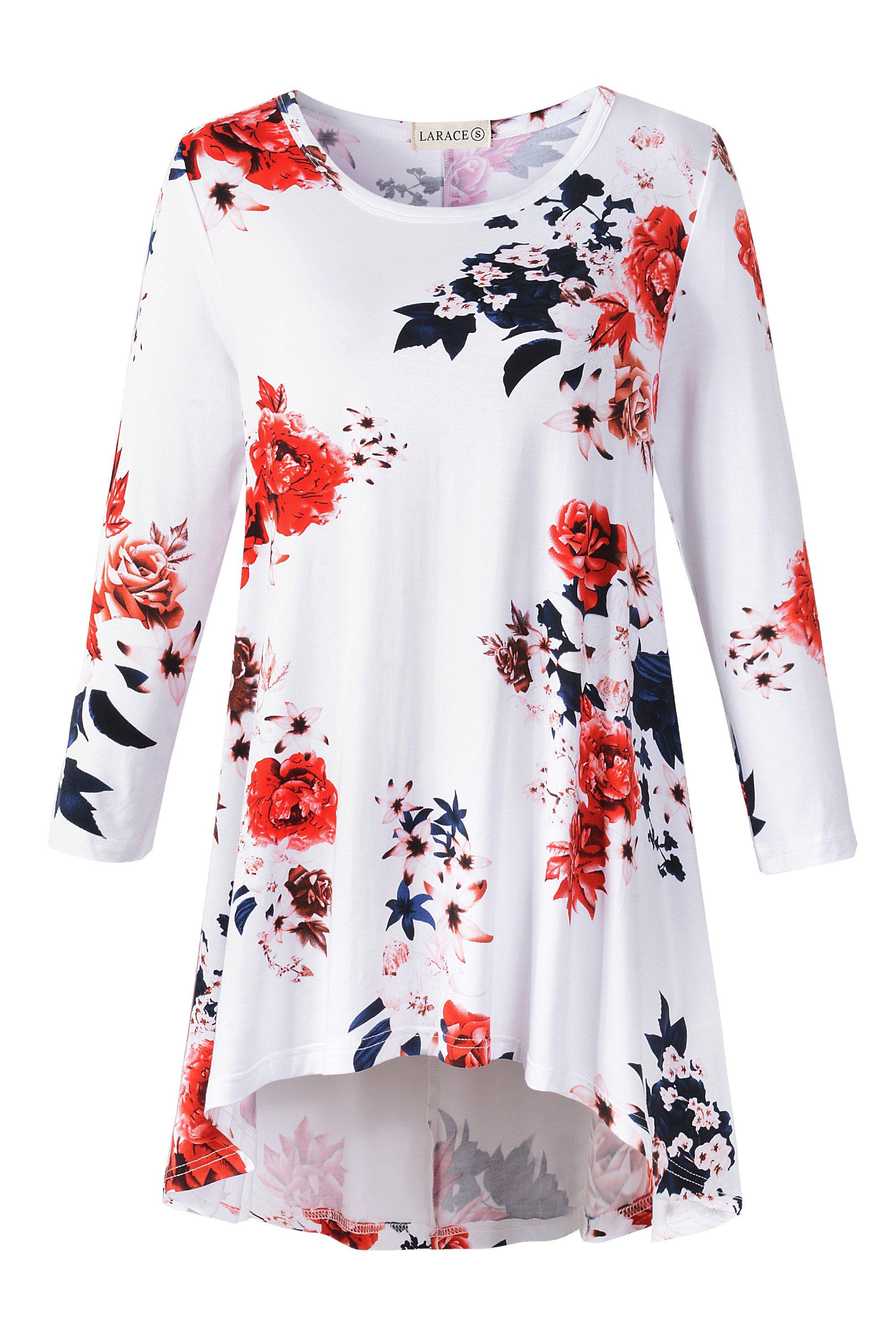 Women's Plus Size Tops floral printed 3/4 Sleeve Loose Fit Flare Swing Tunic -LARACE 8052.