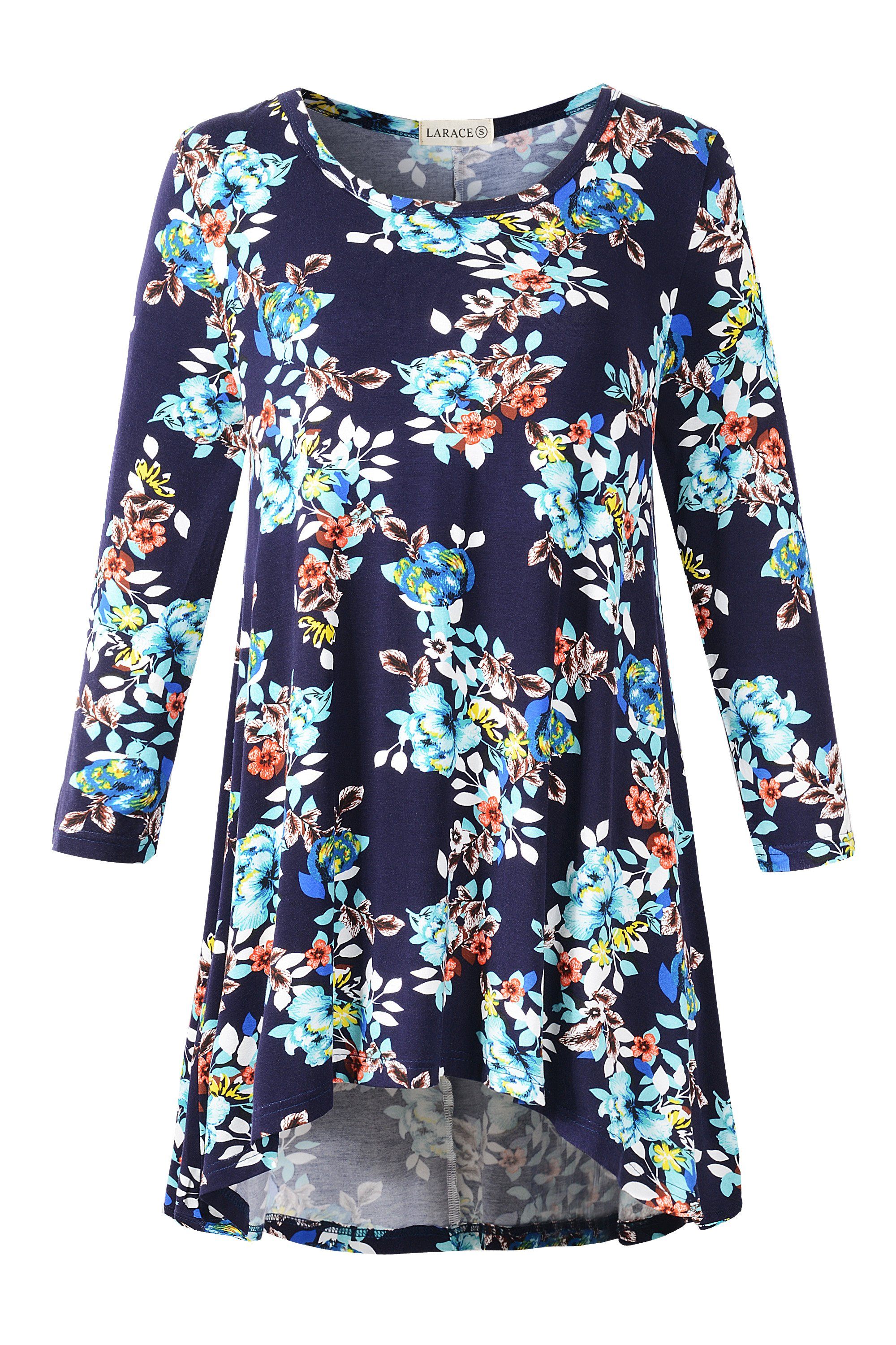 Women's Plus Size Tops floral printed 3/4 Sleeve Loose Fit Flare Swing Tunic -LARACE 8052.