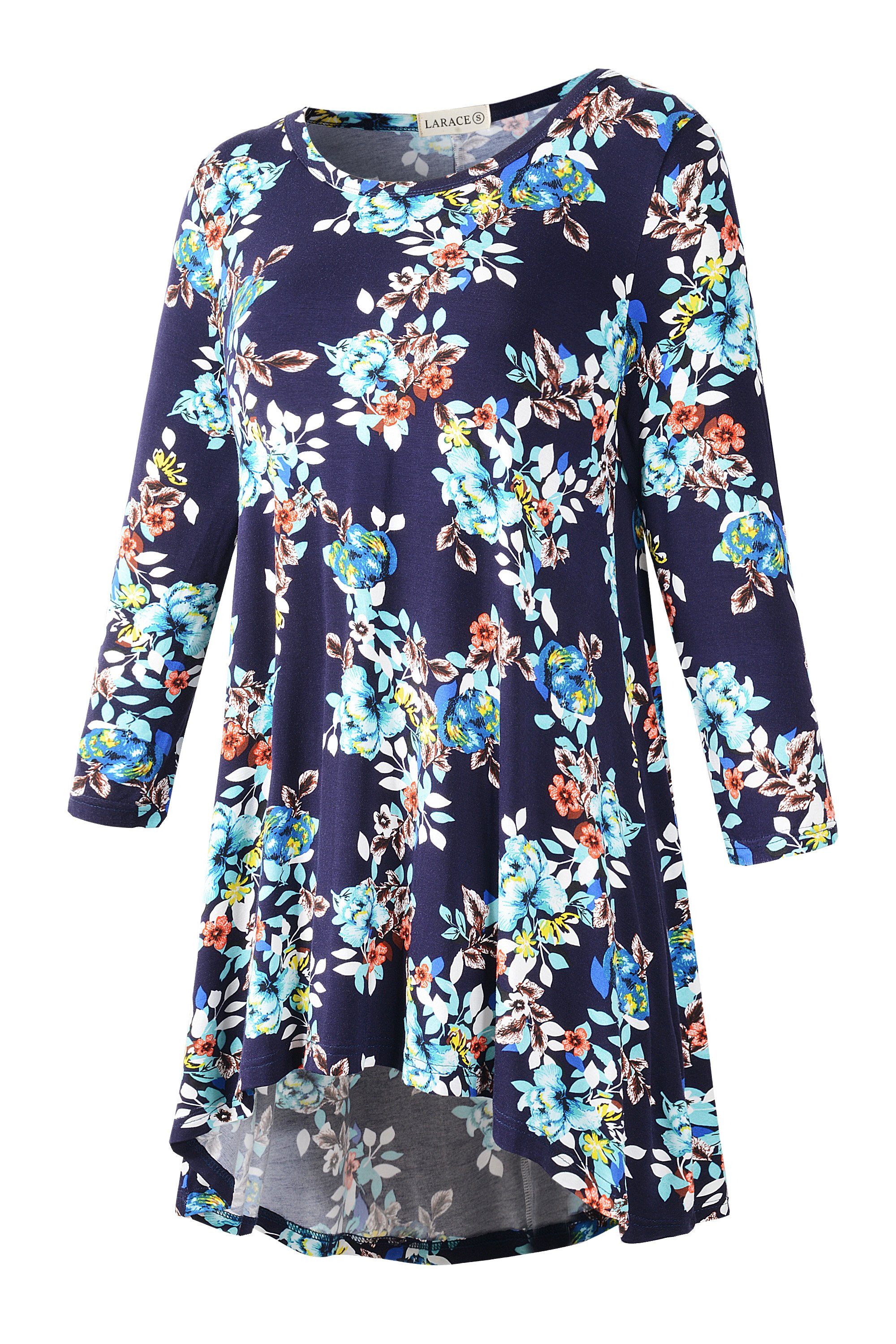 Women's Plus Size Tops floral printed 3/4 Sleeve Loose Fit Flare Swing Tunic -LARACE 8052.