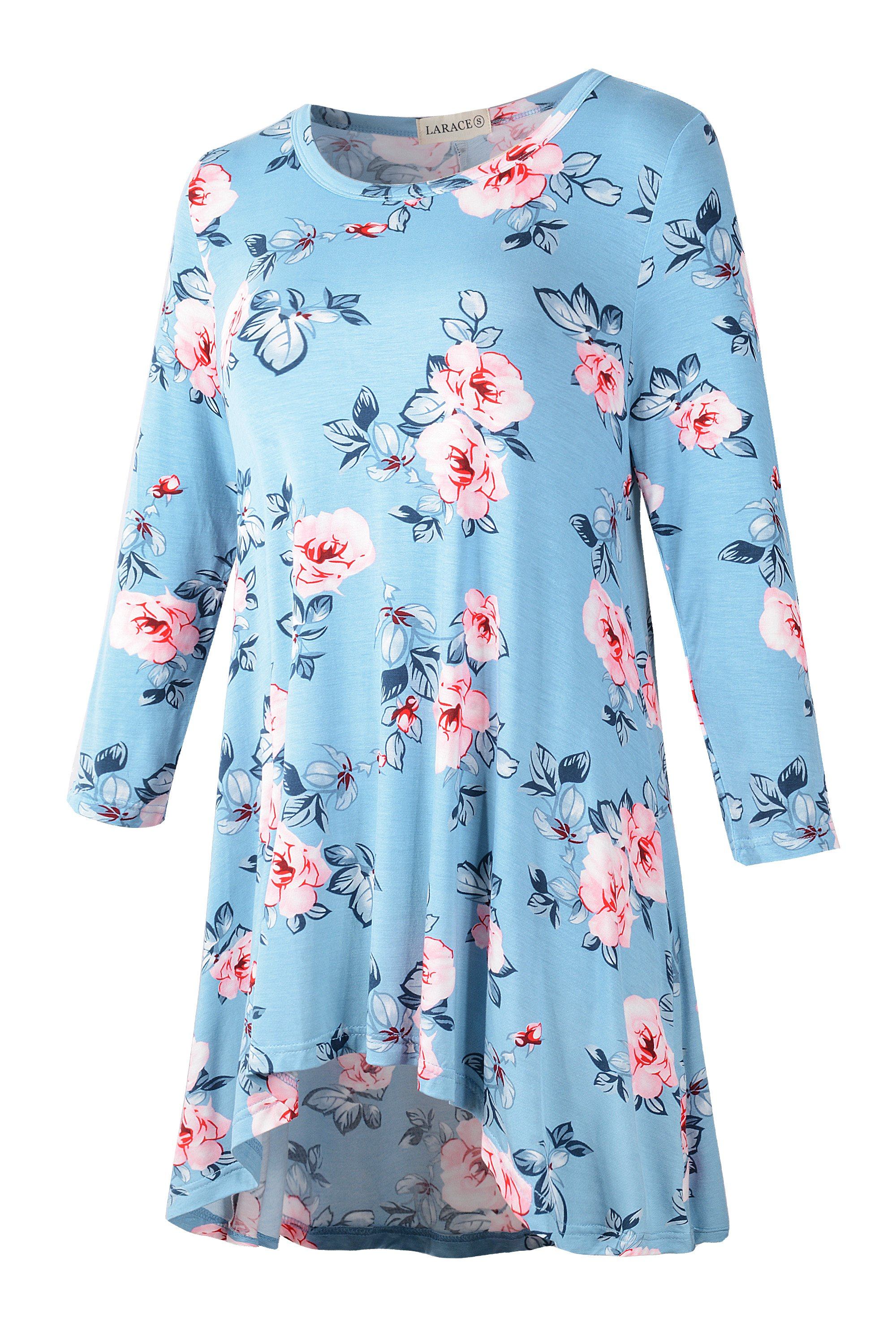 Women's Plus Size Tops floral printed 3/4 Sleeve Loose Fit Flare Swing Tunic -LARACE 8052.