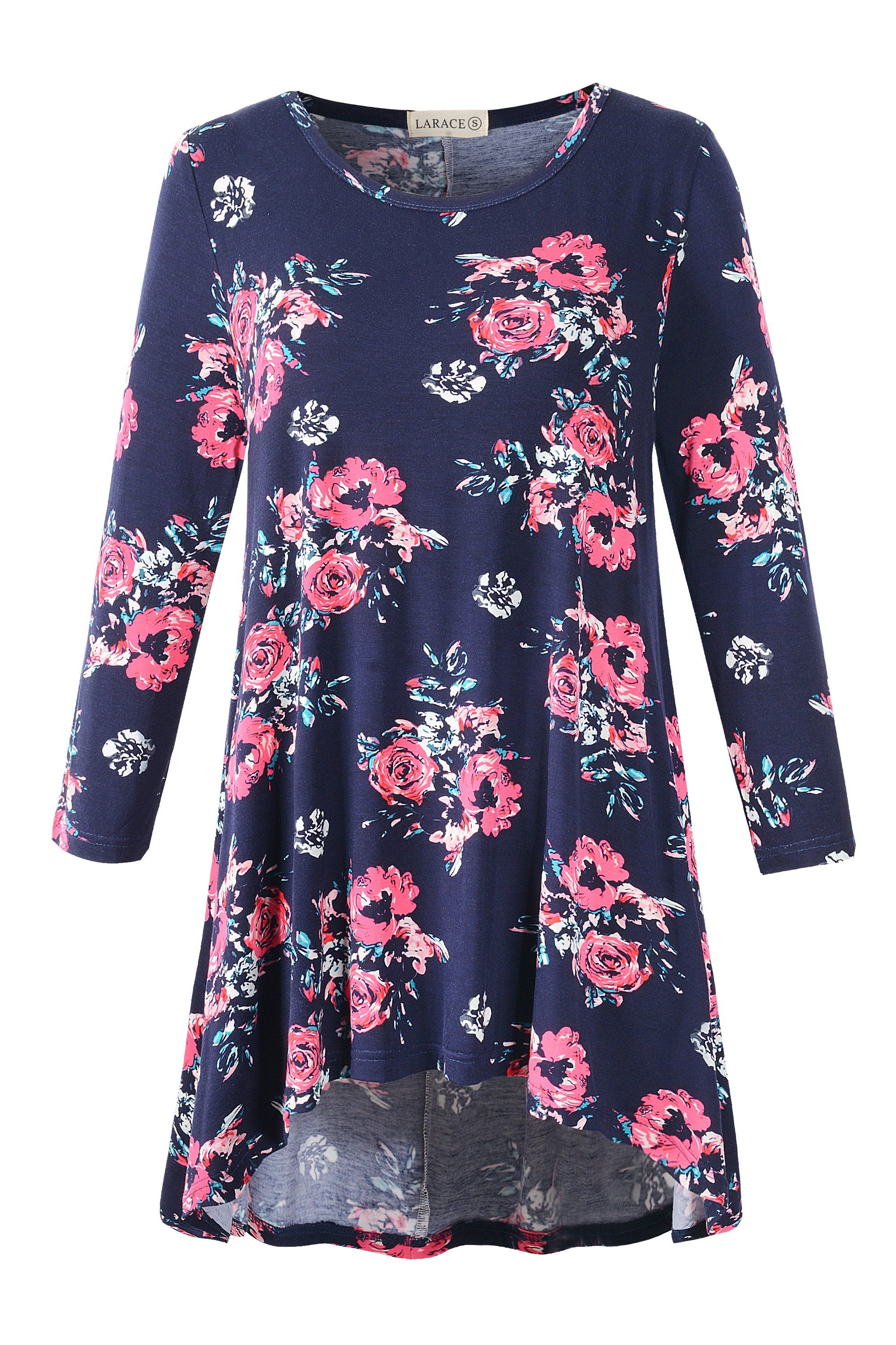 Women's Plus Size Tops floral printed 3/4 Sleeve Loose Fit Flare Swing Tunic -LARACE 8052.