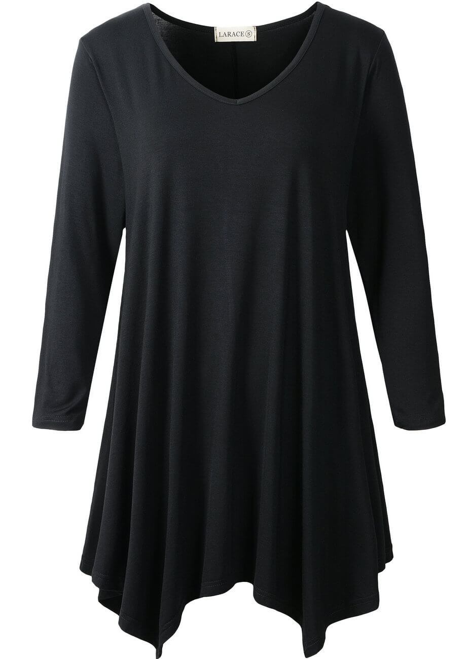 V-Neck Plain Swing Tunic Top Casual Long-sleeved T-shirt-LARACE  8035.