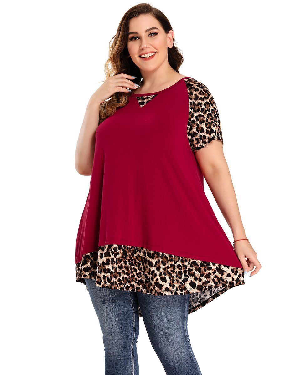 LARACE Plus Size Tunic Leopard Tops for Women Contrast Color Short Sleeve Summer T-Shirt-8065.