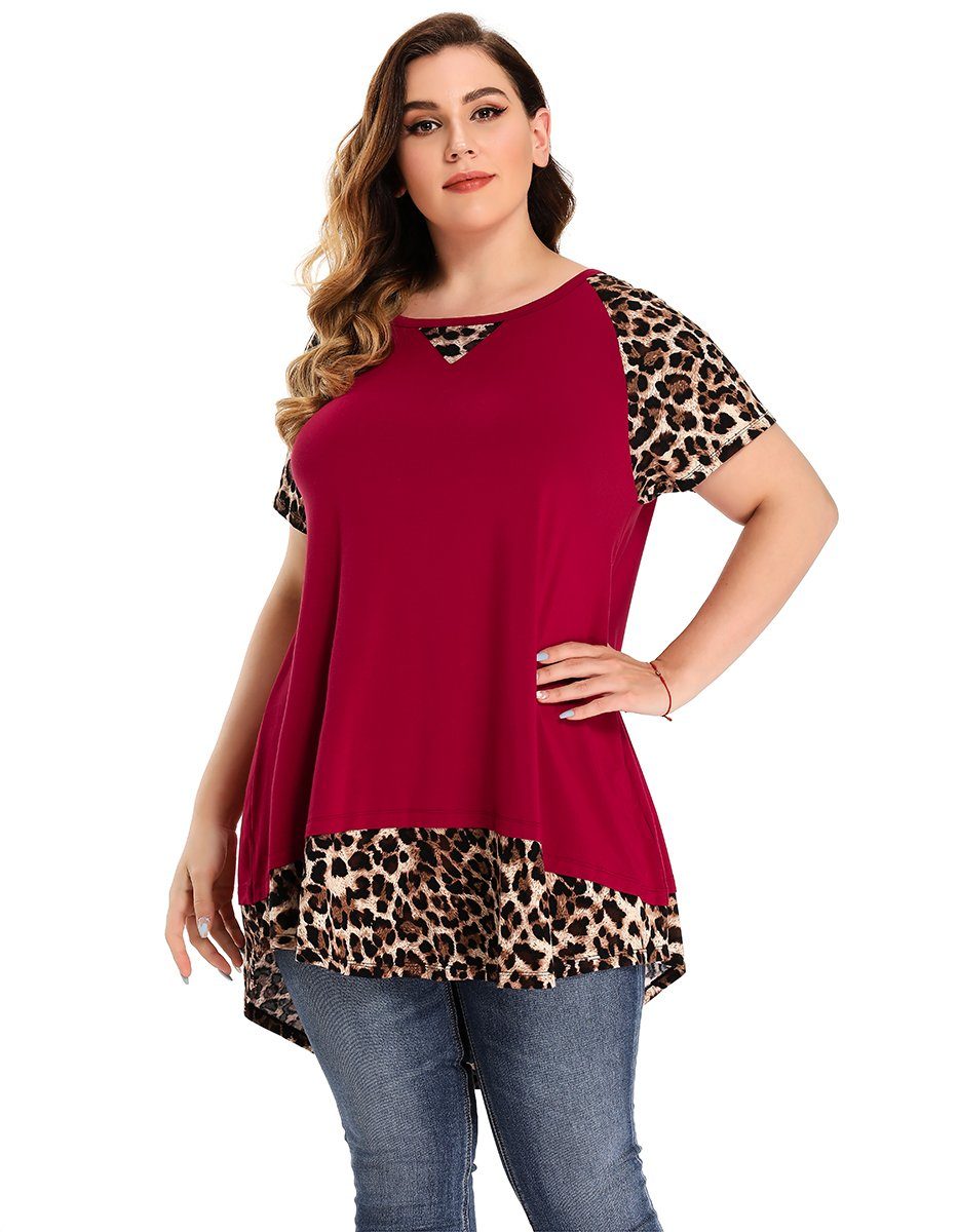 LARACE Plus Size Tunic Leopard Tops for Women Contrast Color Short Sleeve Summer T-Shirt-8065.