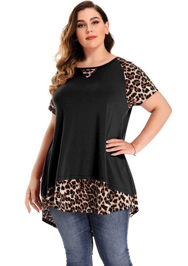 LARACE Plus Size Tunic Leopard Tops for Women Contrast Color Short Sleeve Summer T-Shirt-8065.