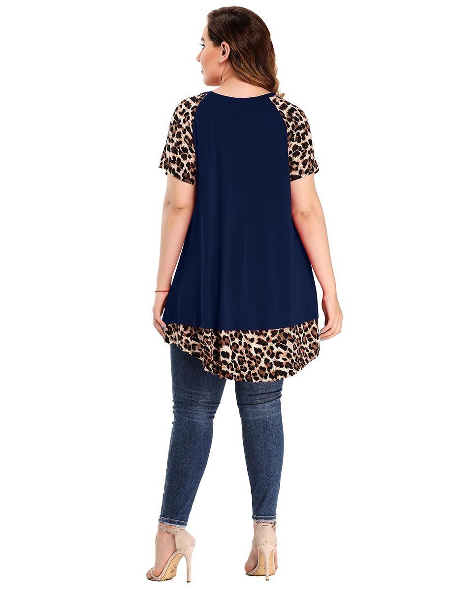 LARACE Plus Size Tunic Leopard Tops for Women Contrast Color Short Sleeve Summer T-Shirt-8065.